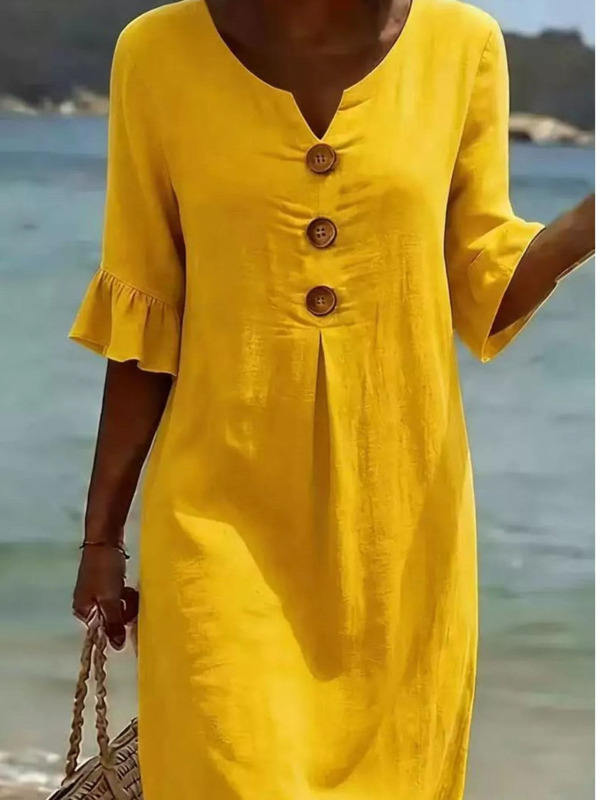 Full Size Decorative Button Ruffle Half Sleeve Dress Plus Size - Lilixa.store