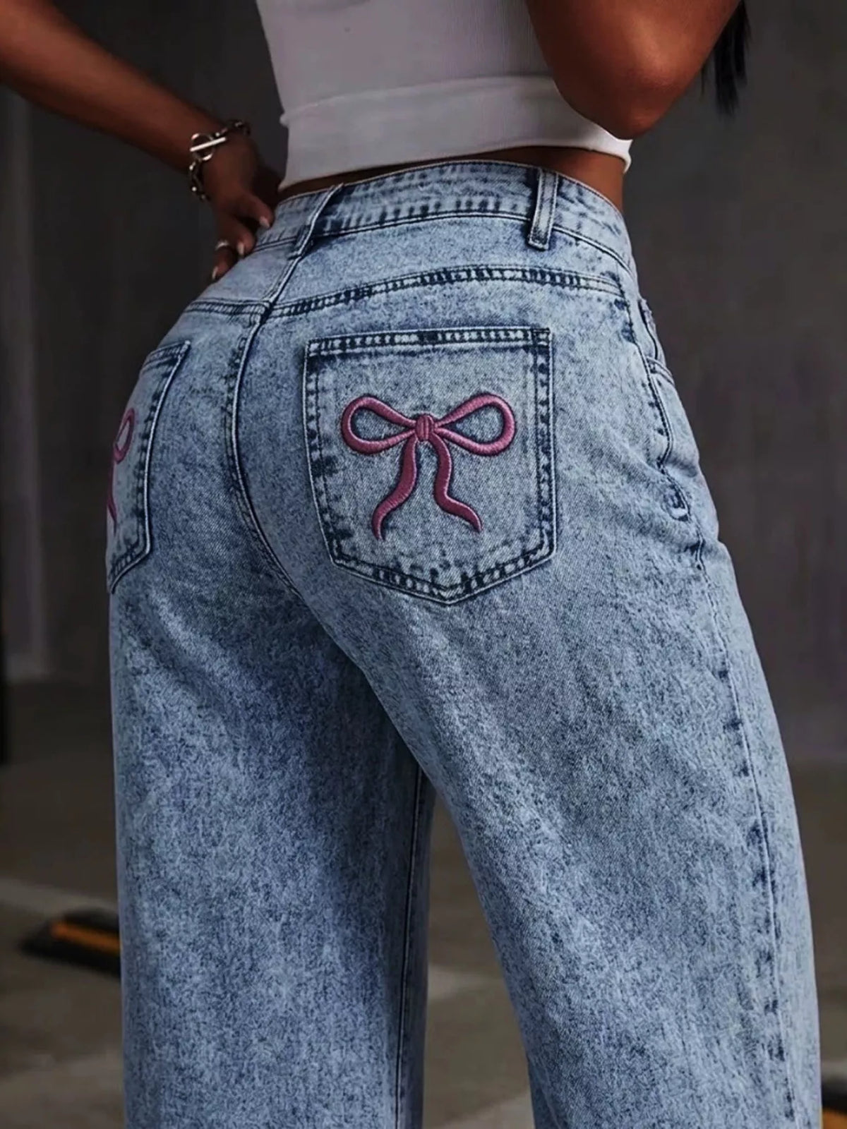 Washed Wide Leg Jeans with Embroidered Bow Detail in Dusty Blue, view 5