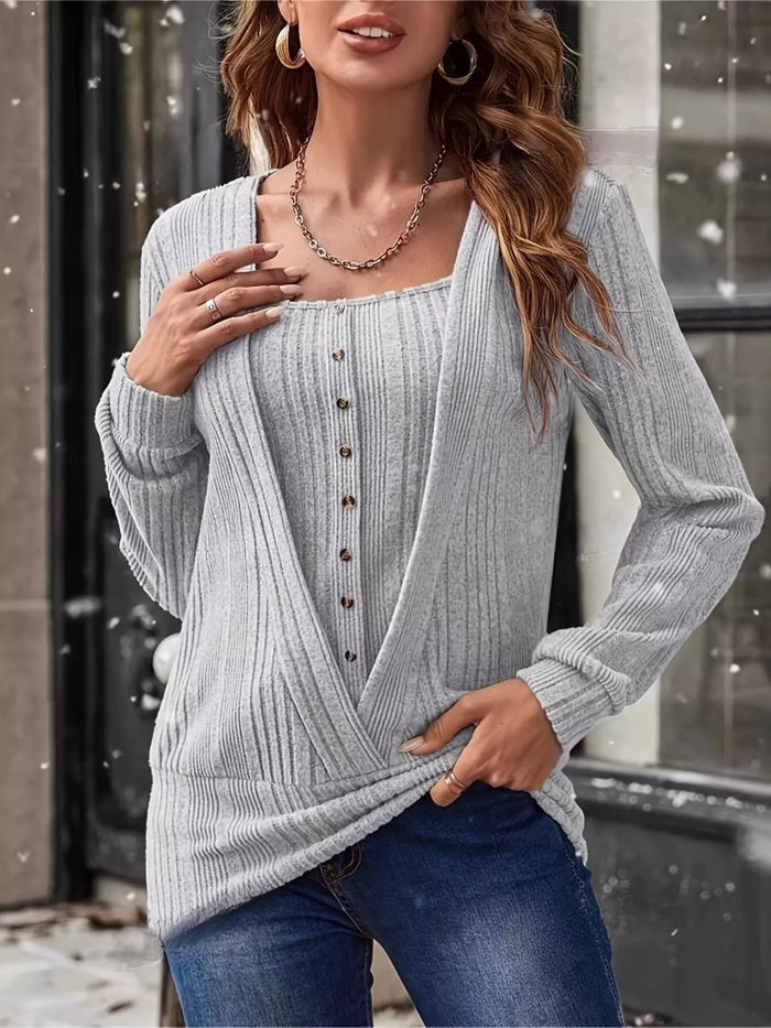 Ribbed Knit Faux Layered T-Shirt - Lilixa.store