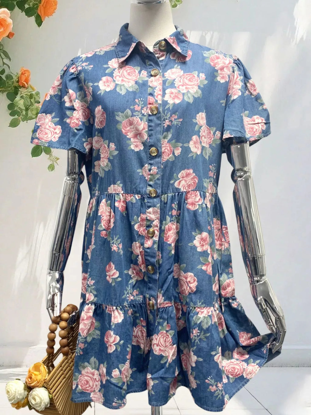 Floral Print Denim Button-Down Tiered Mini Dress - Lilixa.store