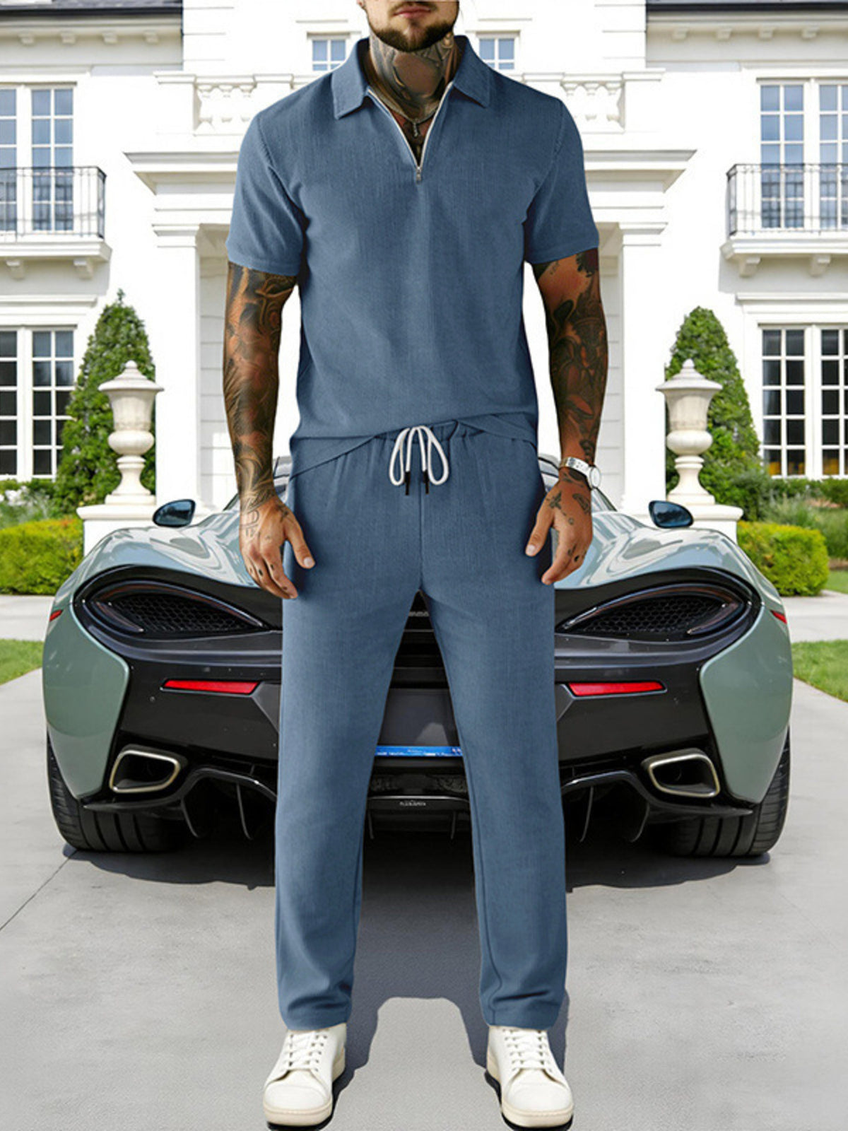 Men's Full Size Casual Zipper Polo Shirt and Drawstring Pants Set Plus Size - Lilixa.store