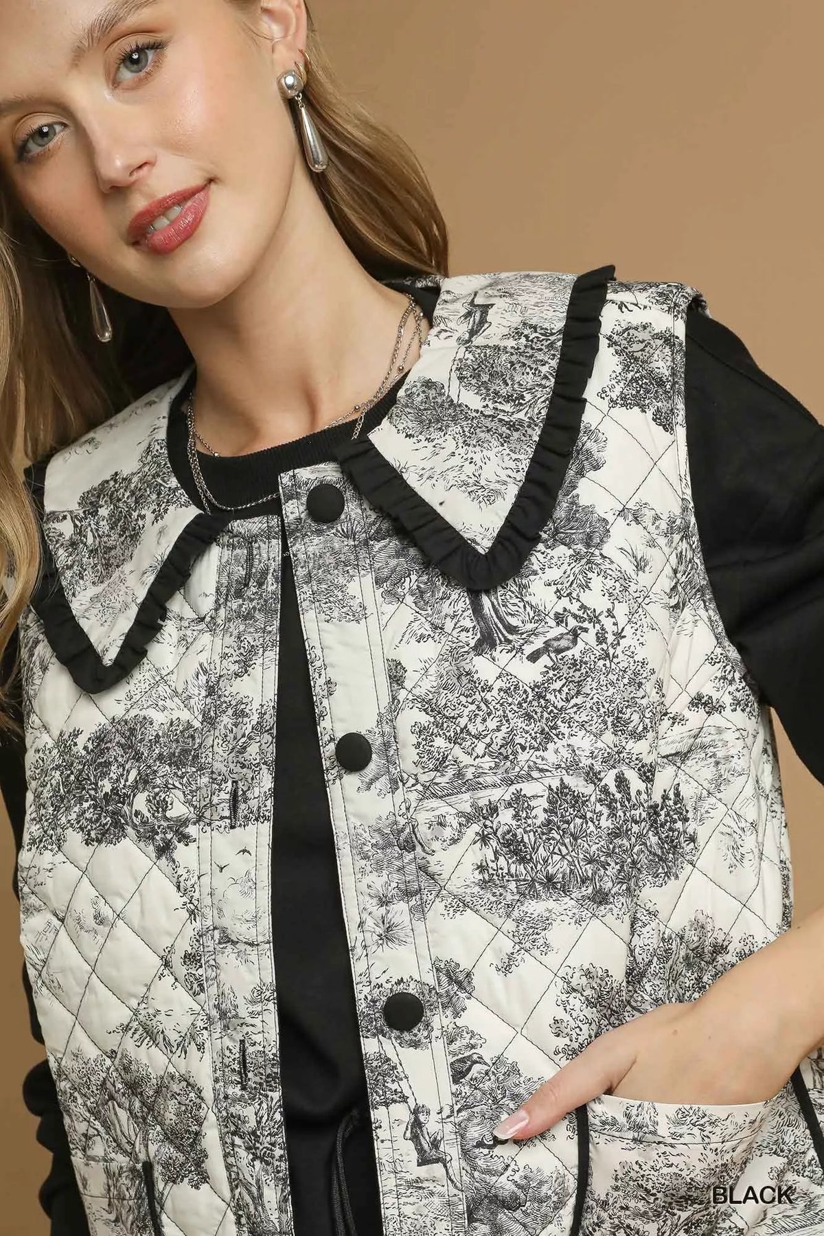 Umgee Toile Quilted Vest with Ruffle Collar - Lilixa.store