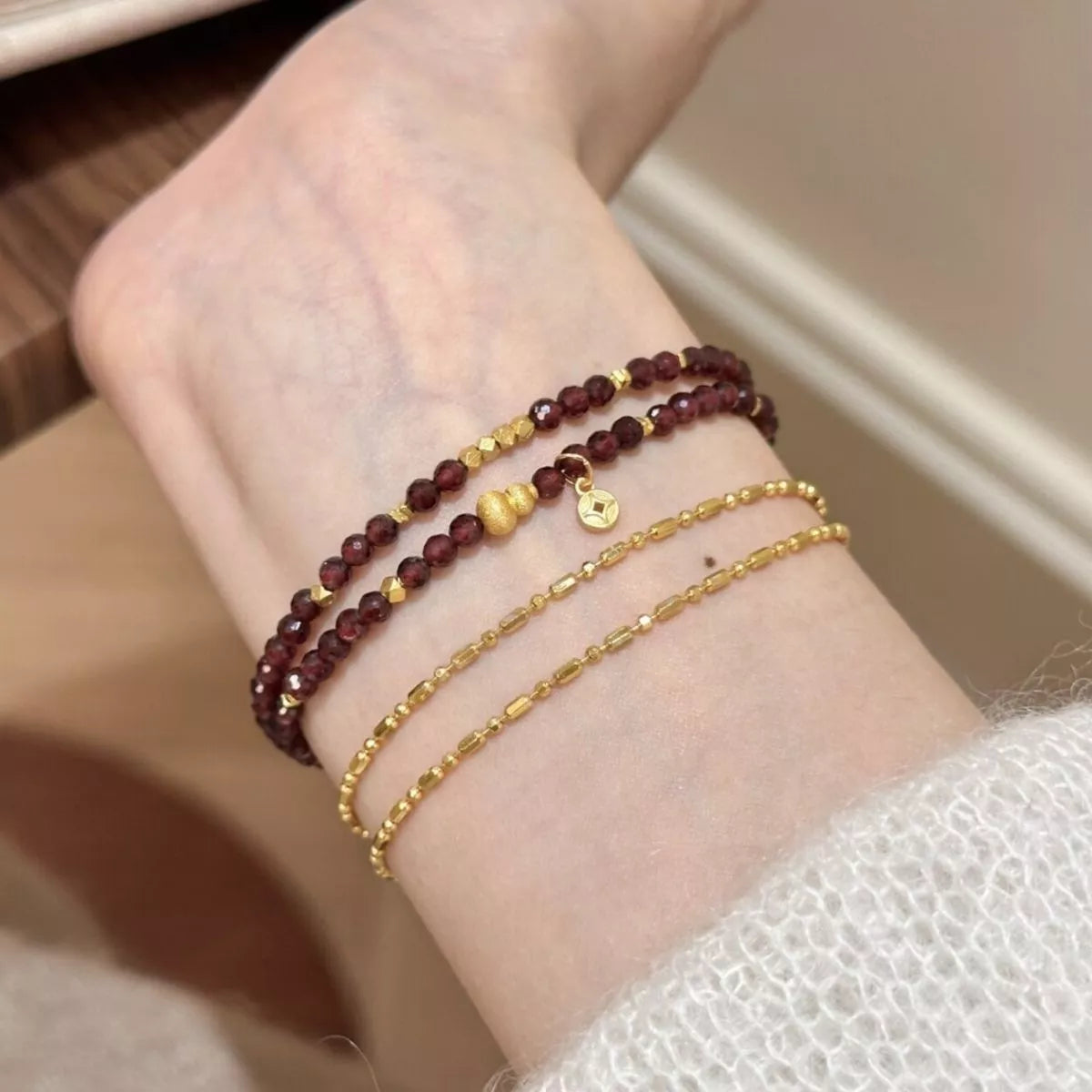 Double Layered Beaded Bracelet with Gold Accents in Burgundy, view 5