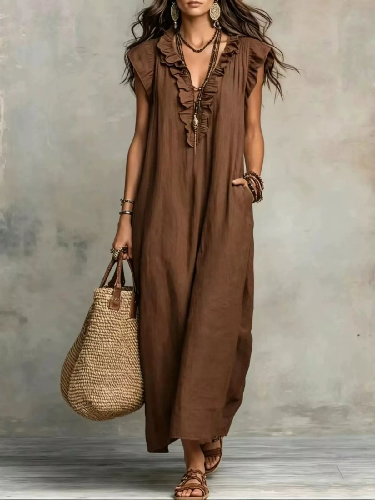 Full Size Ruffled V-Neck Cap Sleeve Maxi Dress Plus Size - Lilixa.store