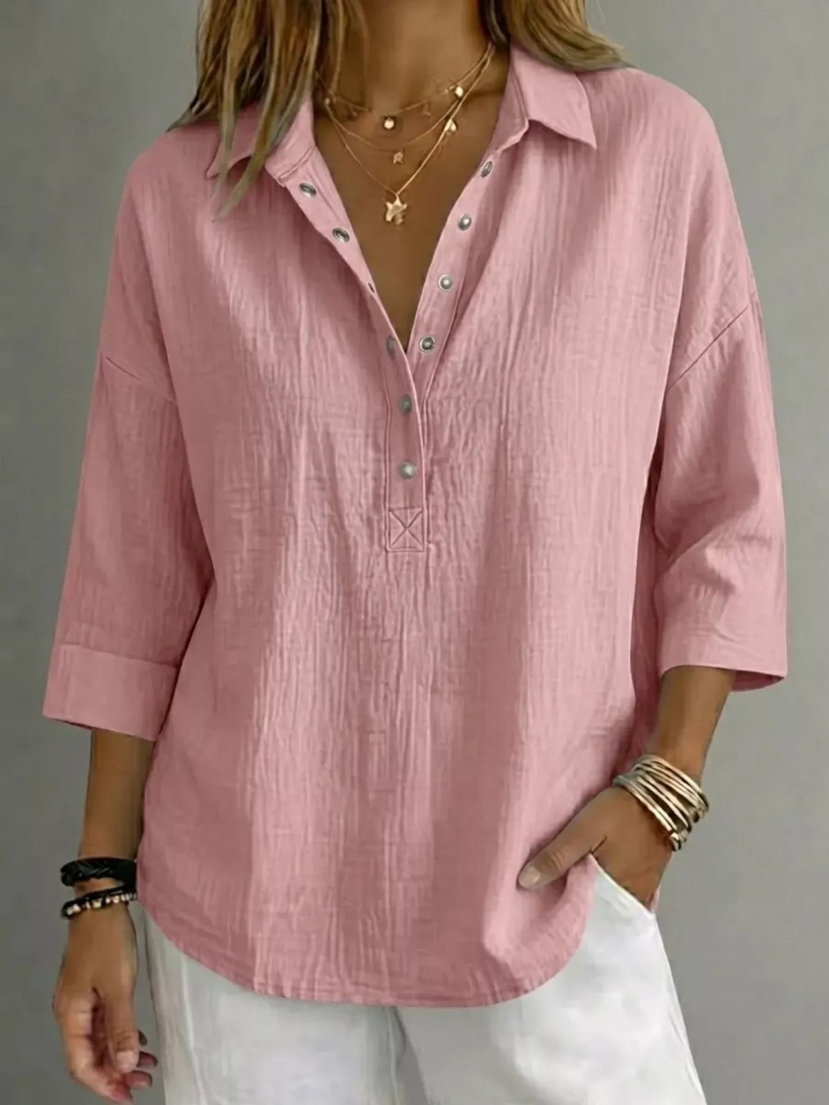 Full Size Snap Down 3/4 Sleeves Blouse Plus Size - Lilixa.store