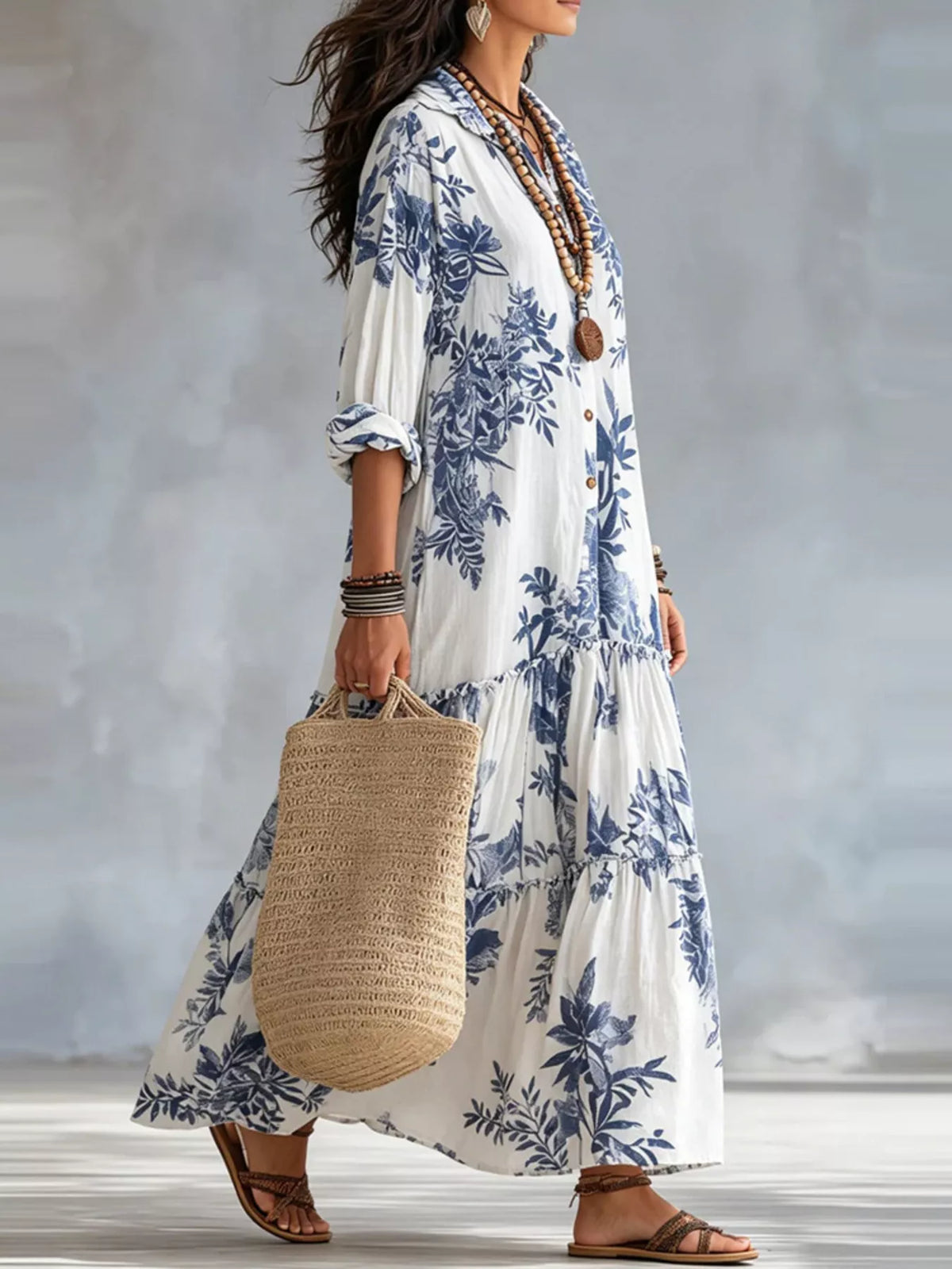 Printed Button Front Maxi Dress