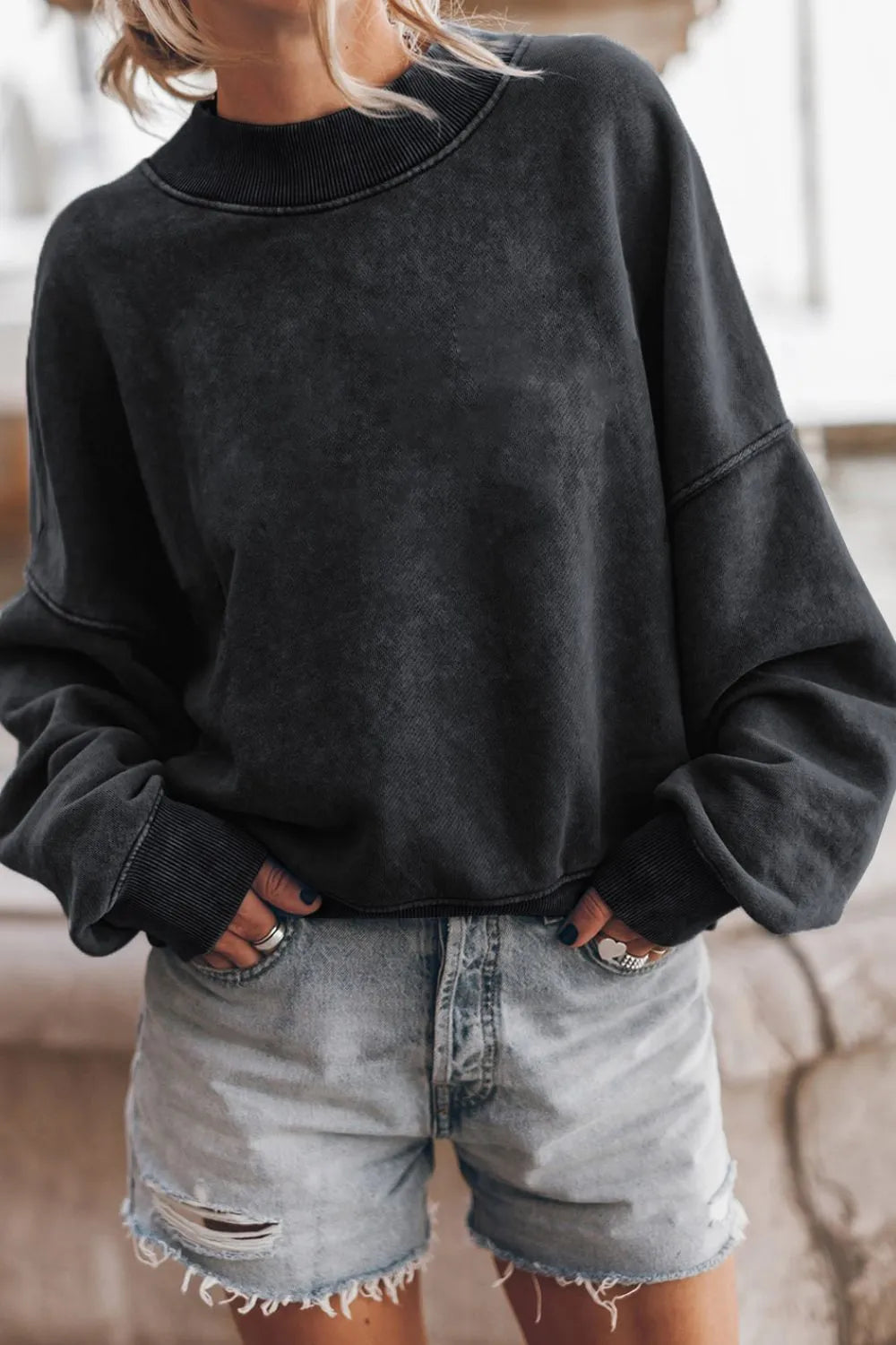 Mock Neck Dropped Shoulder Sweatshirt - Lilixa.store