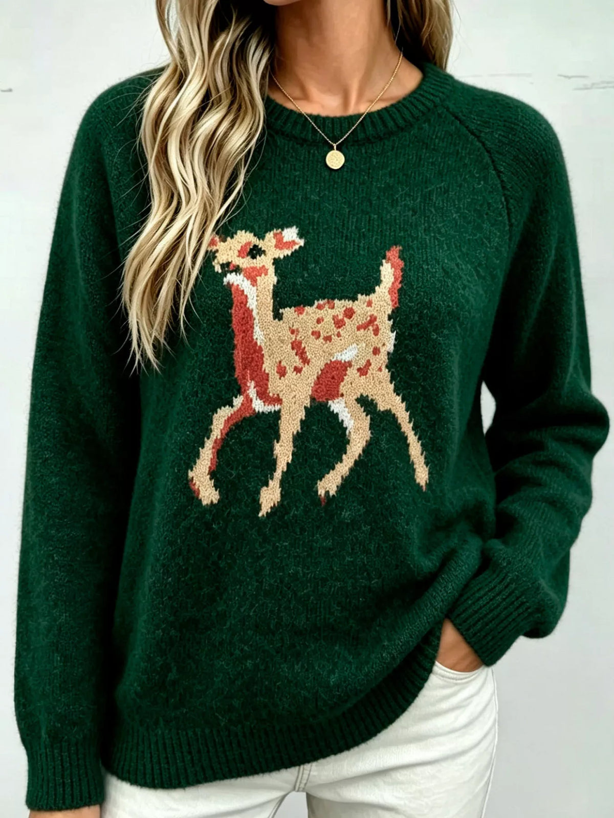 Deer Pattern Raglan Sleeve Sweater - Lilixa.store