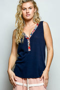 POL Ribbed V-Neck Tank with Contrast Floral Neckband - Lilixa.store