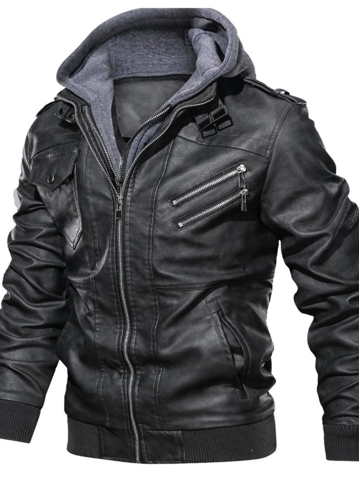 Men's Full Size Hooded Faux Leather Motorcycle Jacket Plus Size - Lilixa.store