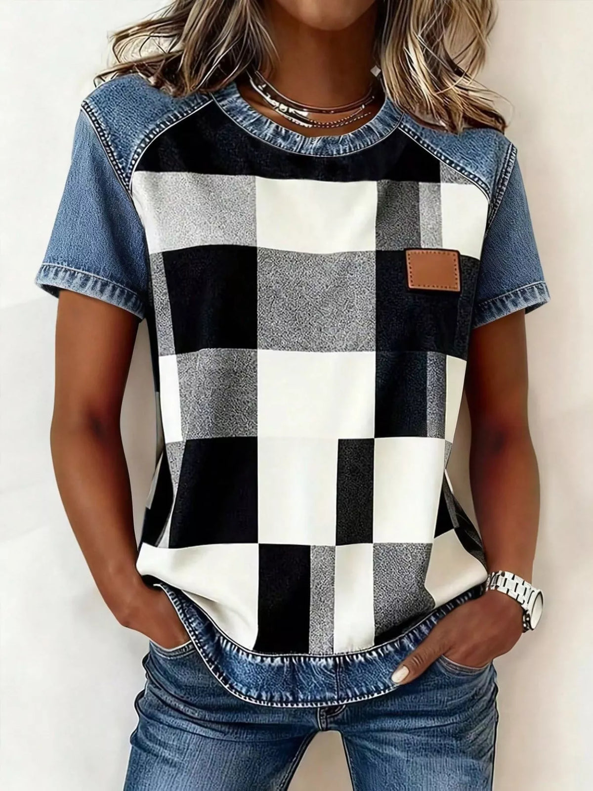 Denim Patchwork Short Sleeve Blouse - Lilixa.store