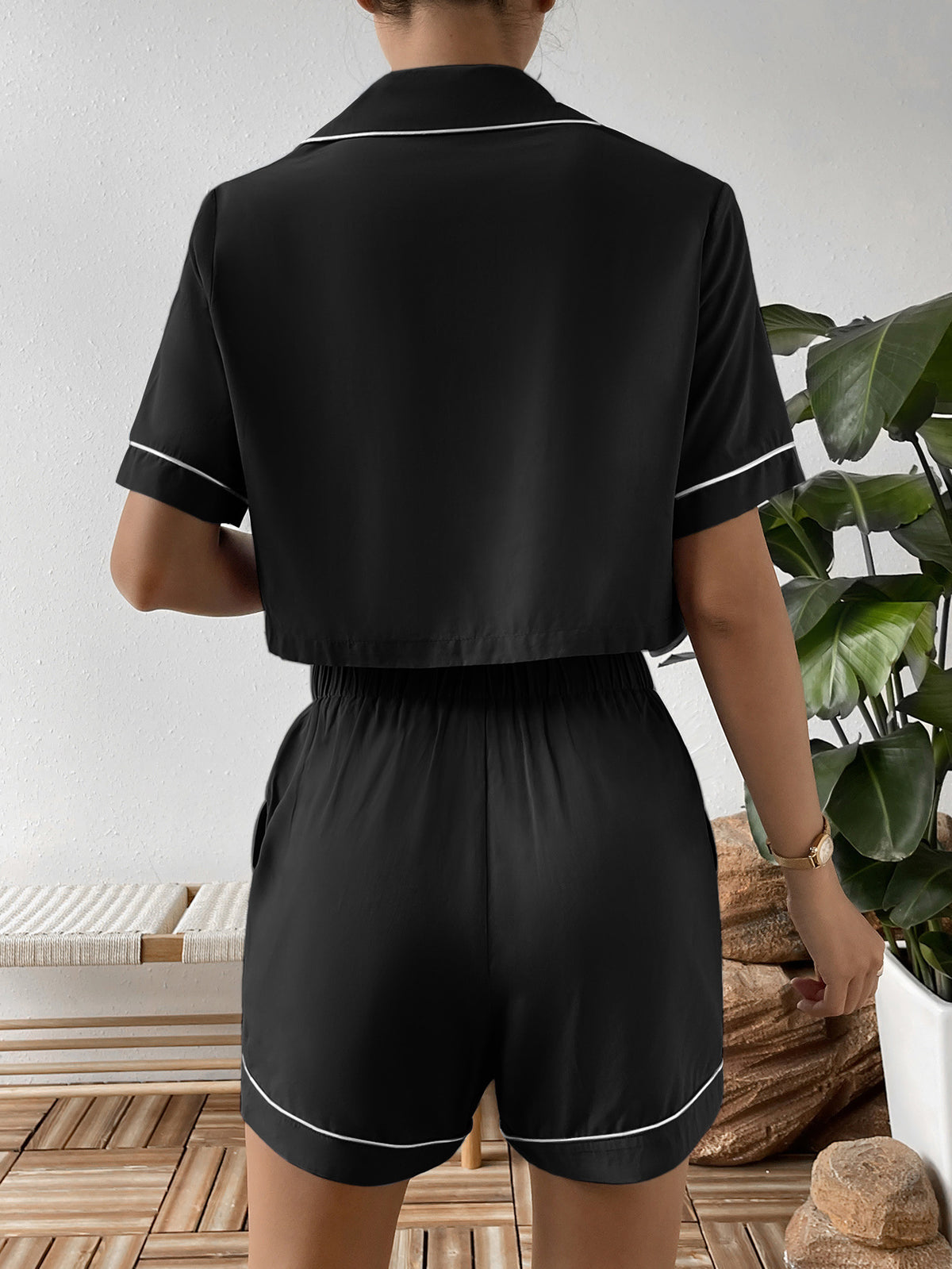 Ivy Lane Contrast Lapel Collar Cropped Shirt and Shorts Lounge Set - Lilixa.store