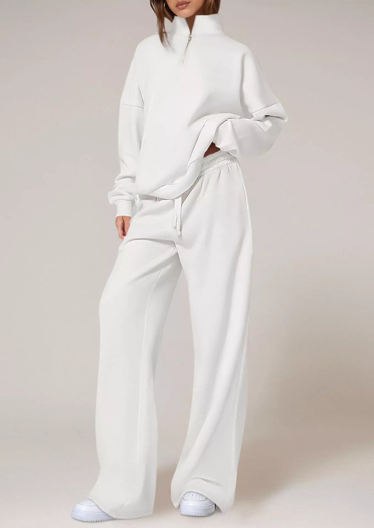 Half-Zip Sweatshirt and Wide-Leg Sweatpants Set in White