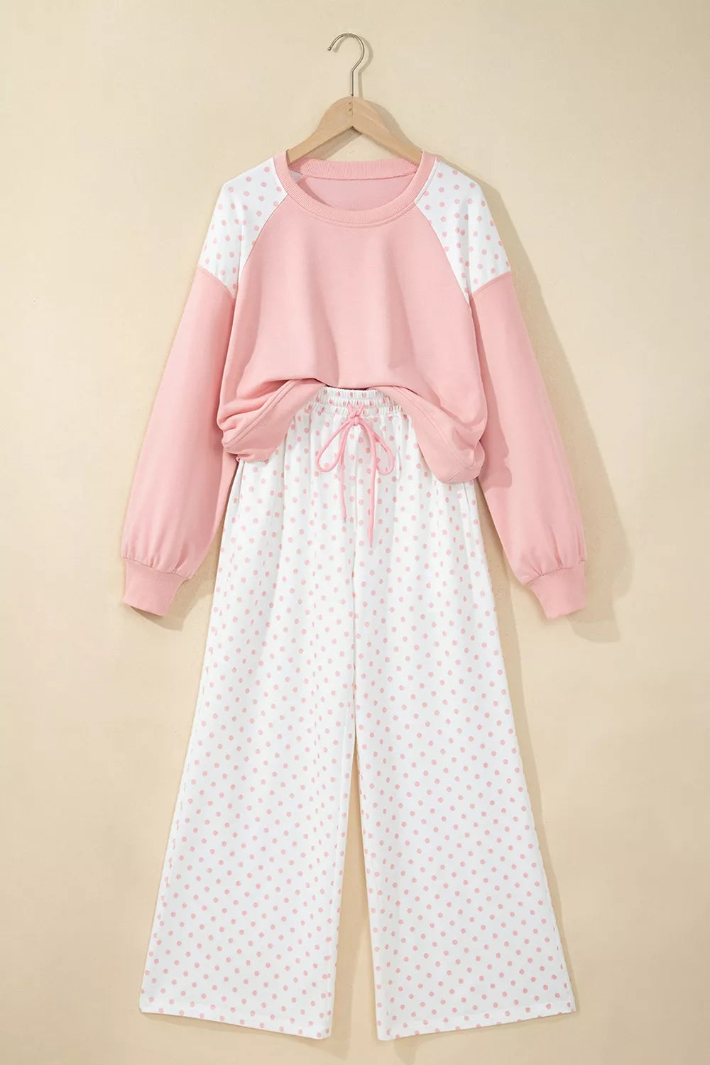 Polka Dot Cropped Sweatshirt and Wide-Leg Pants Set - Lilixa.store