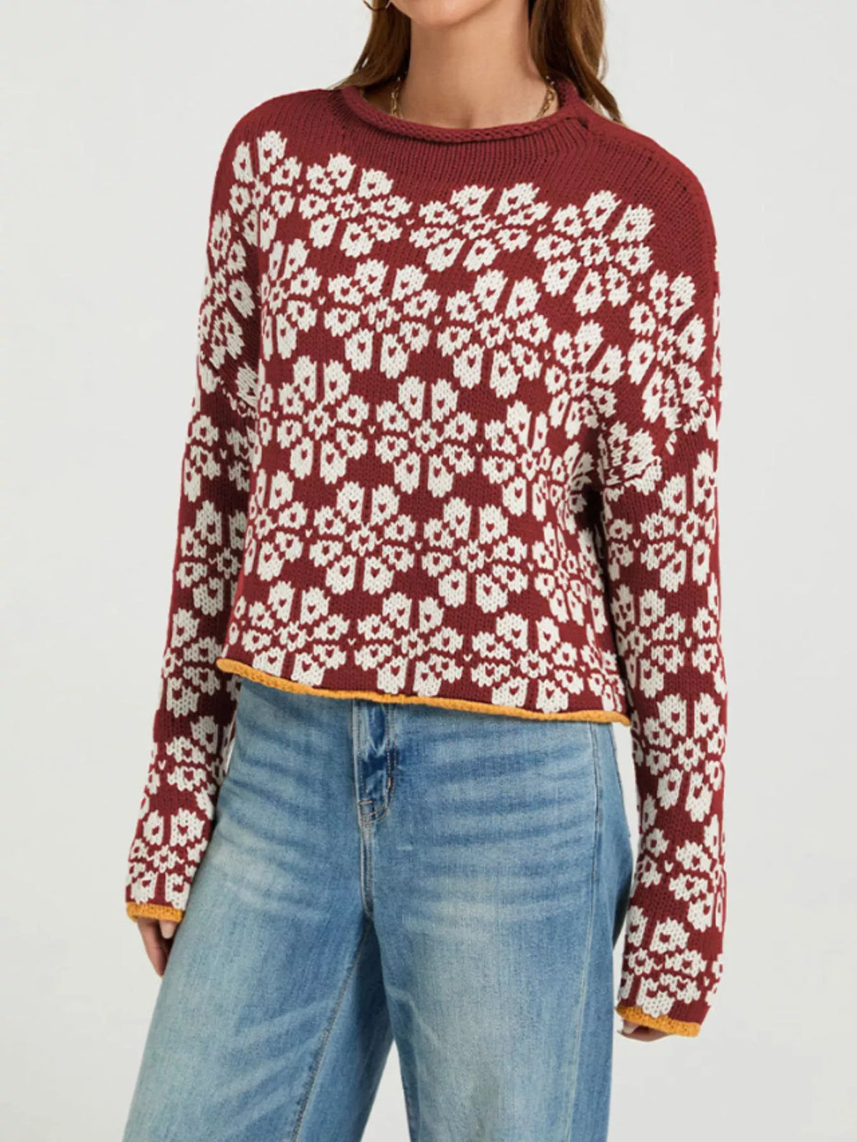 Floral Contrast Trim Dropped Shoulder Sweater - Lilixa.store
