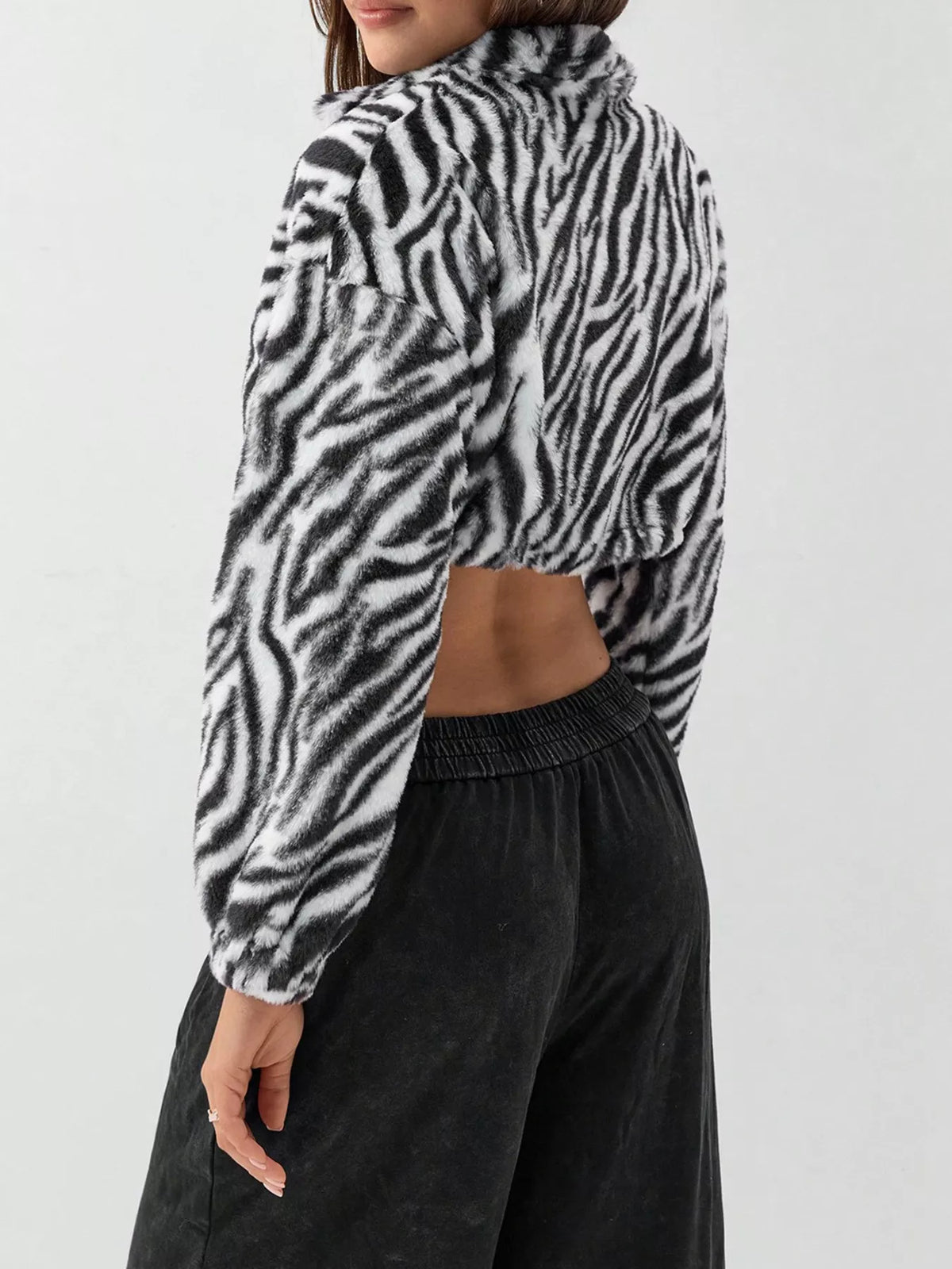Zebra Print Plush Cropped Jacket in Black, view 4