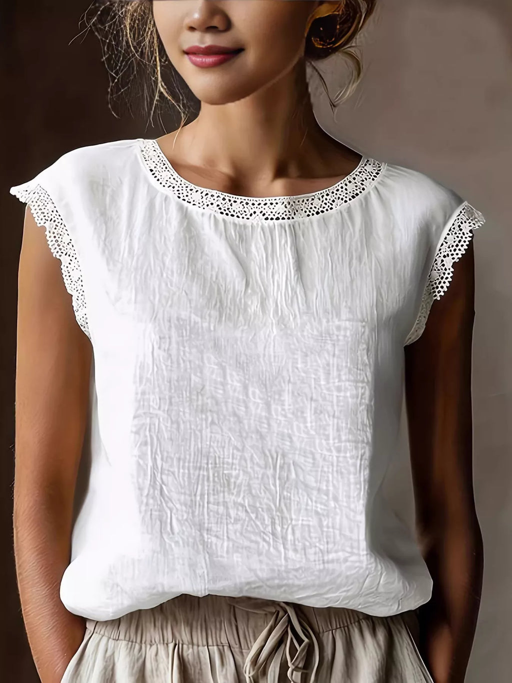 Lace Trim Round Neck Sleeveless Blouse - Lilixa.store
