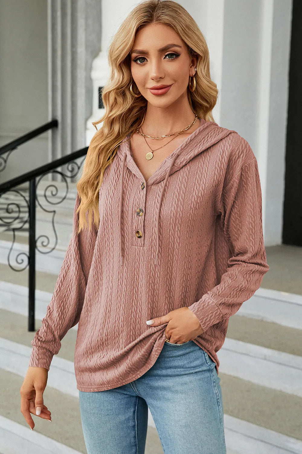 Drawstring Half Button Long Sleeve Hoodie - Lilixa.store