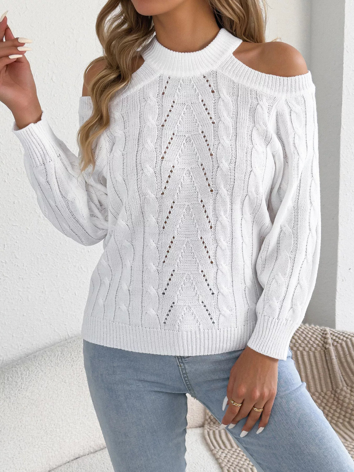 Cold Shoulder Cable Knit Sweater