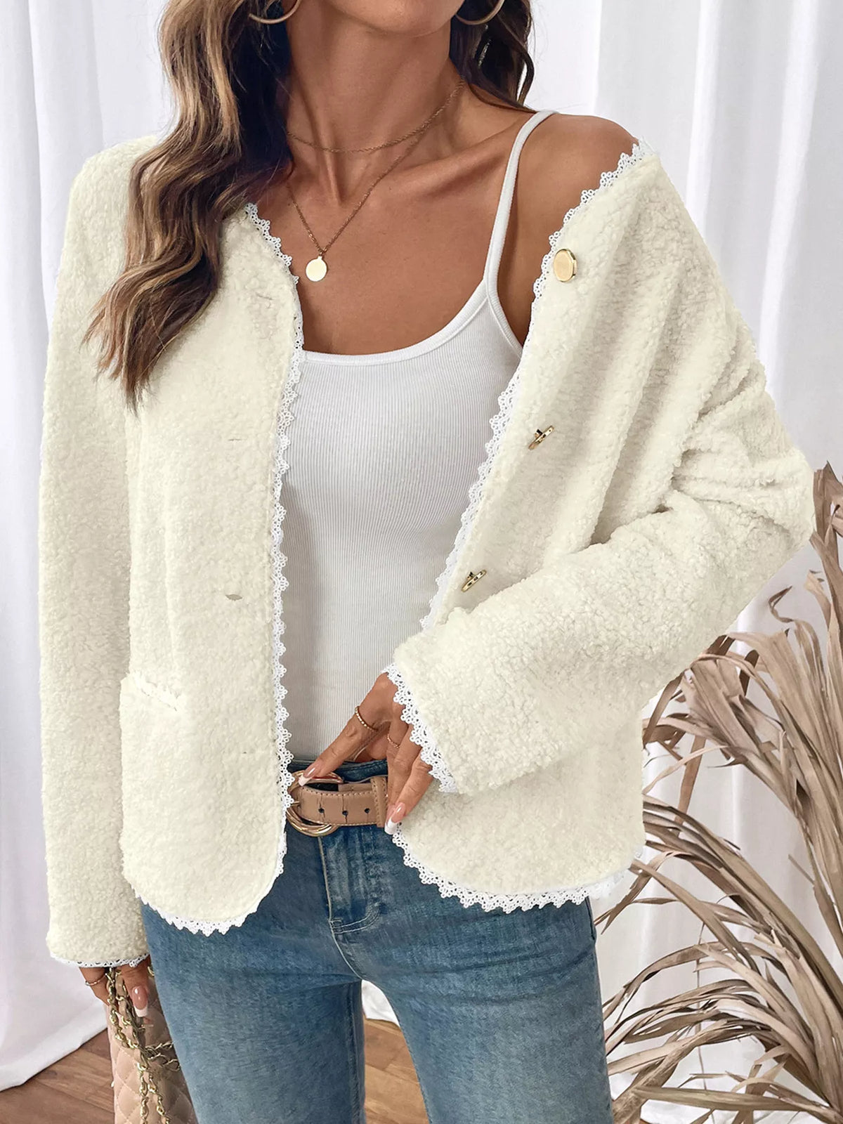Lace Detail Button Up Long Sleeve Outerwear - Lilixa.store