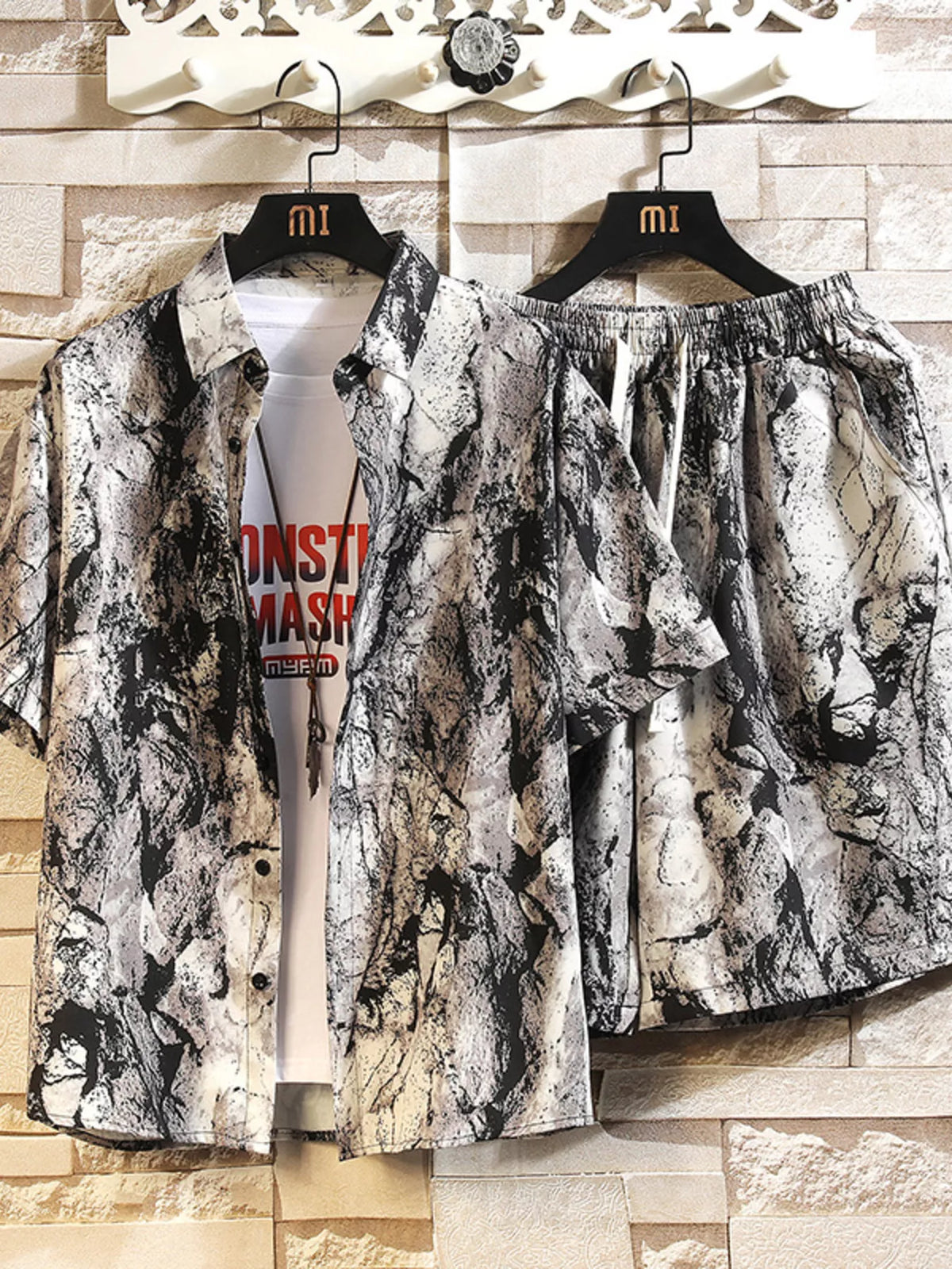 Men's Printed Button Up Shirt and Shorts Set in Dark Gray