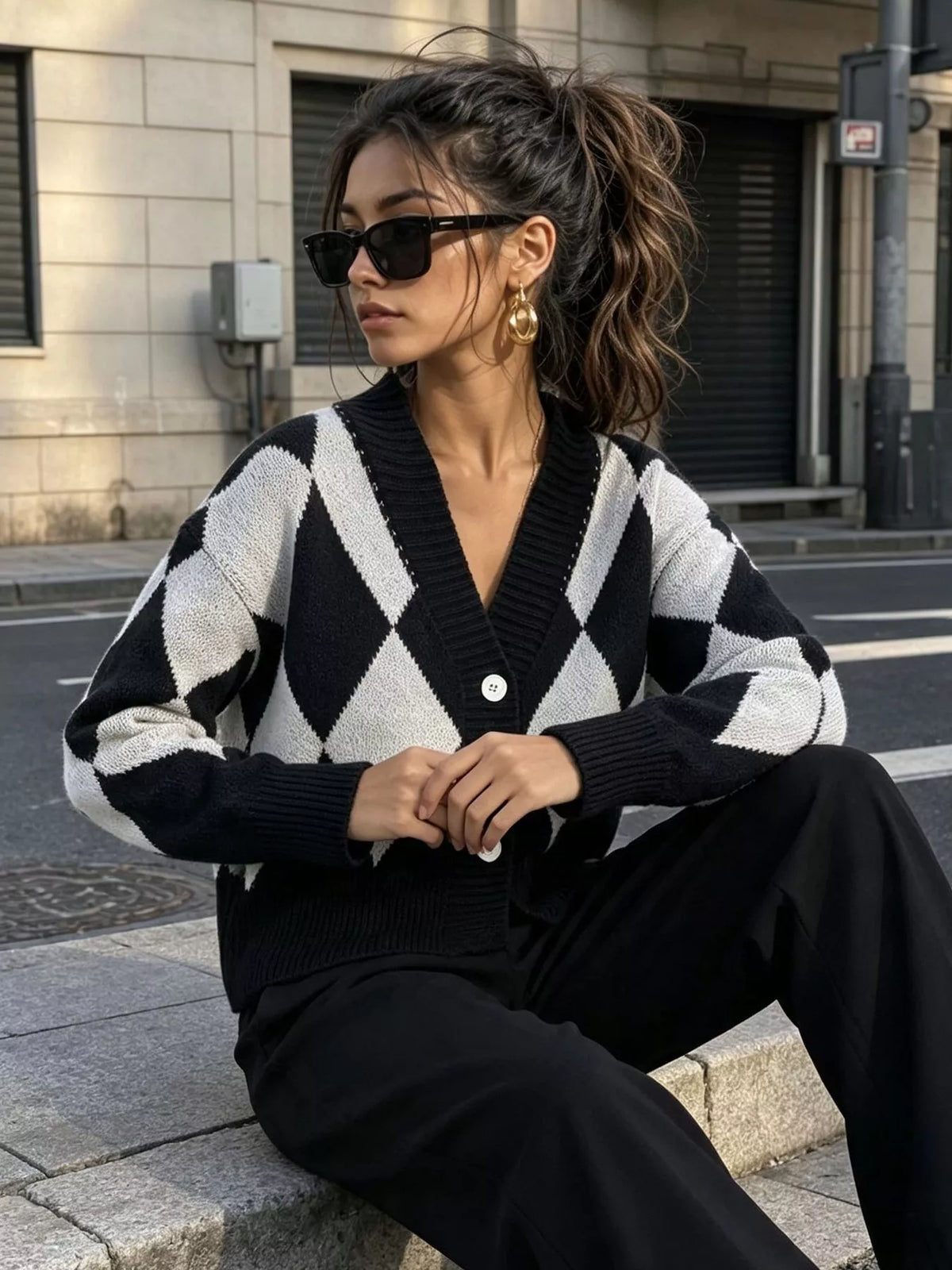 Argyle Pattern V-Neck Button-Down Cardigan, view 2