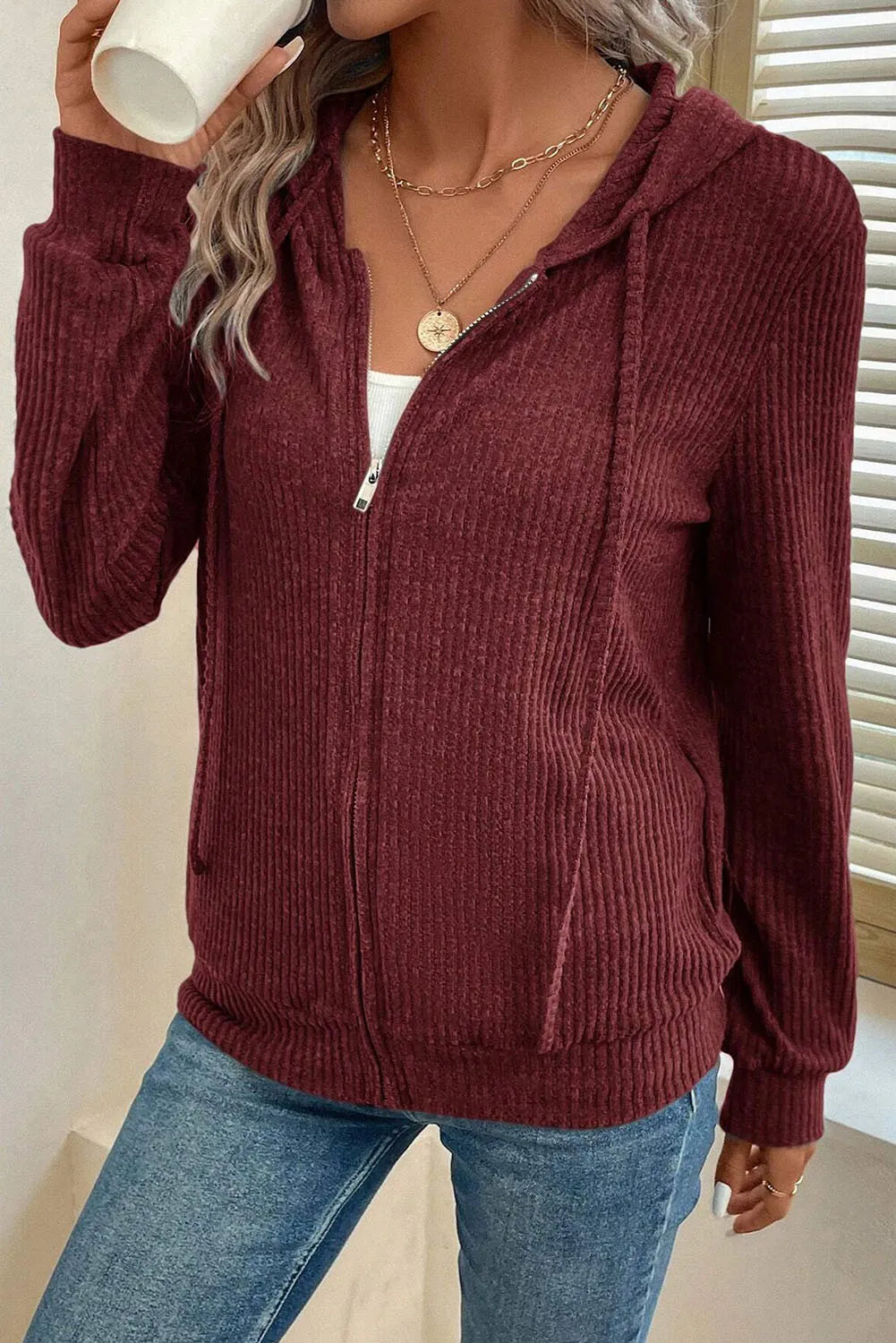 Drawstring Zip Up Long  Sleeve Hooded Jacket - Lilixa.store