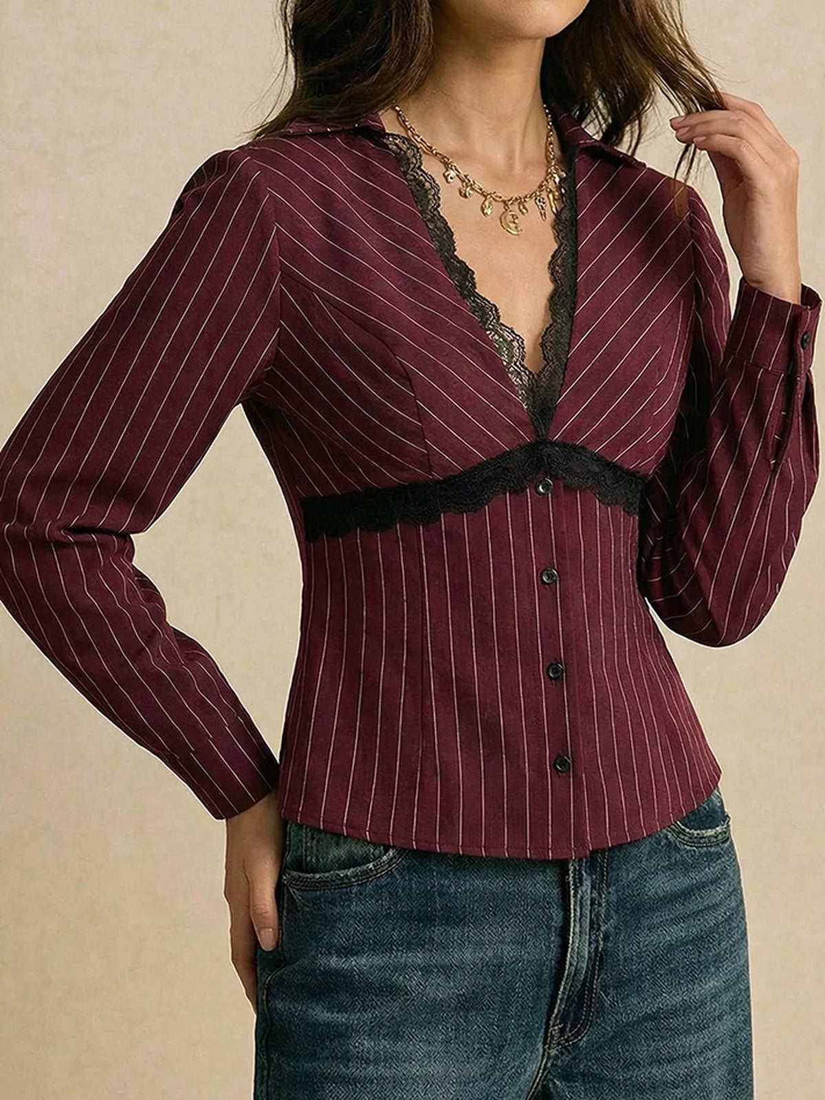 Lace Trim V-Neck Blouse - Lilixa.store