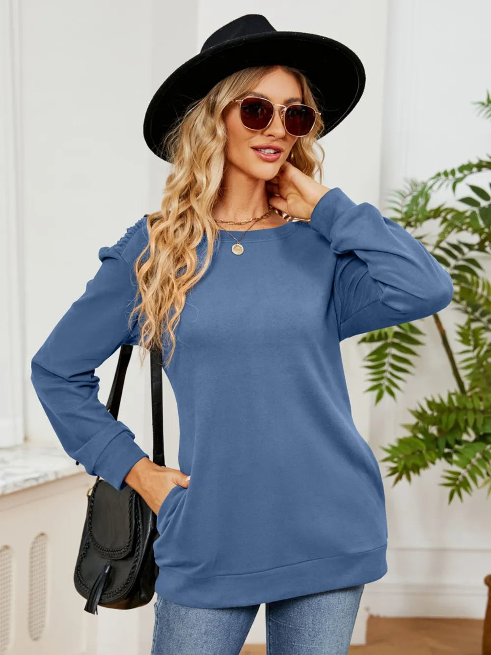 Ruched Shoulder Round Neck Long Sleeve Sweatshirt - Lilixa.store