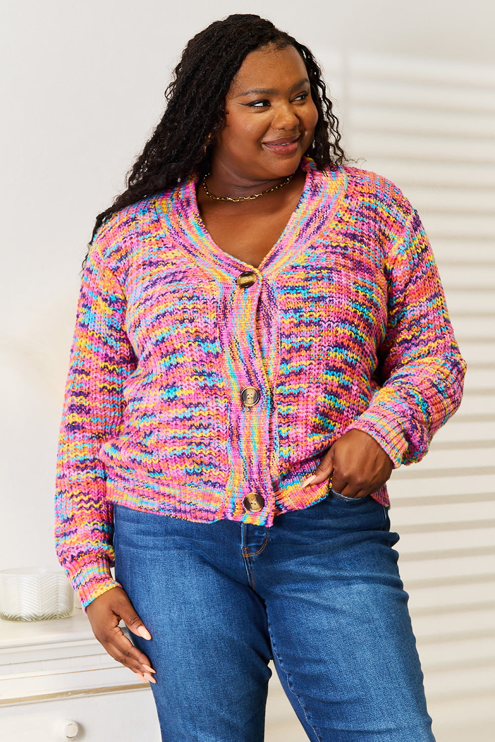 Angel Wings Woven Right V-Neck Long Sleeve Cardigan - Lilixa.store