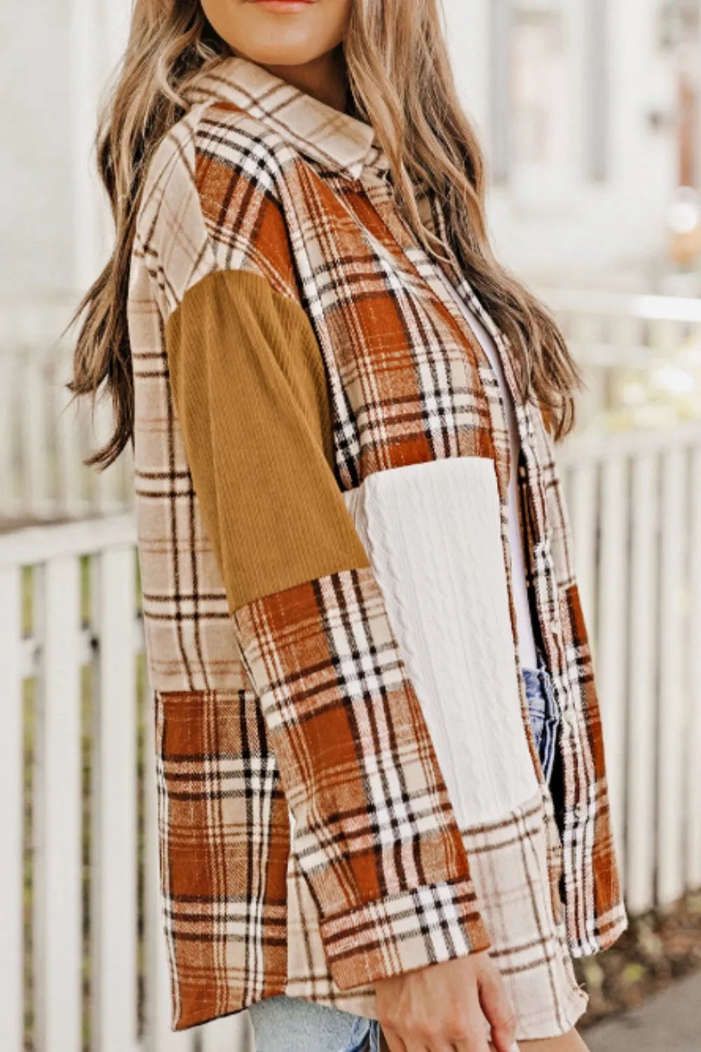 Plaid Button Up Long Sleeve Shacket in Sherbet, view 9