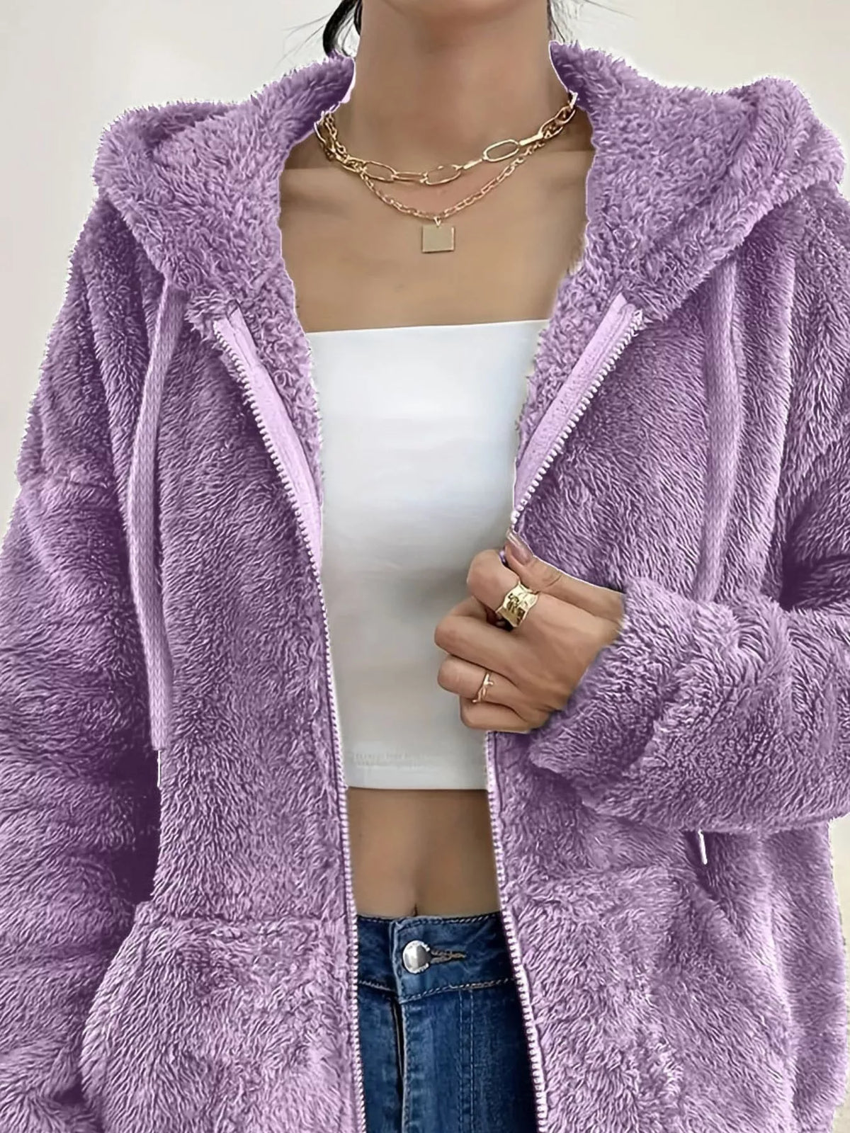 Drawstring Fleece Zip-Up Outerwear, view 11