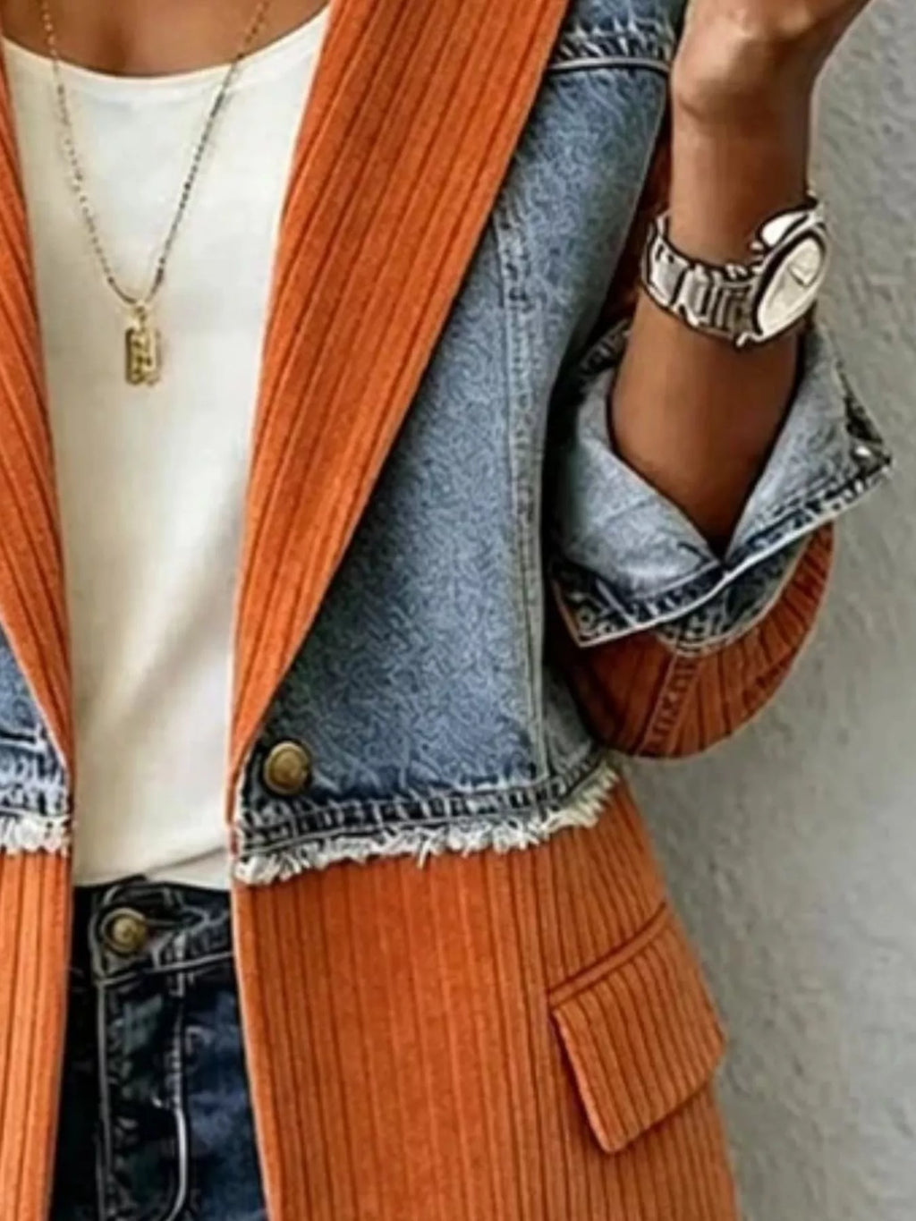 Full Size Patchwork Denim Ribbed Blazer Plus Size - Lilixa.store