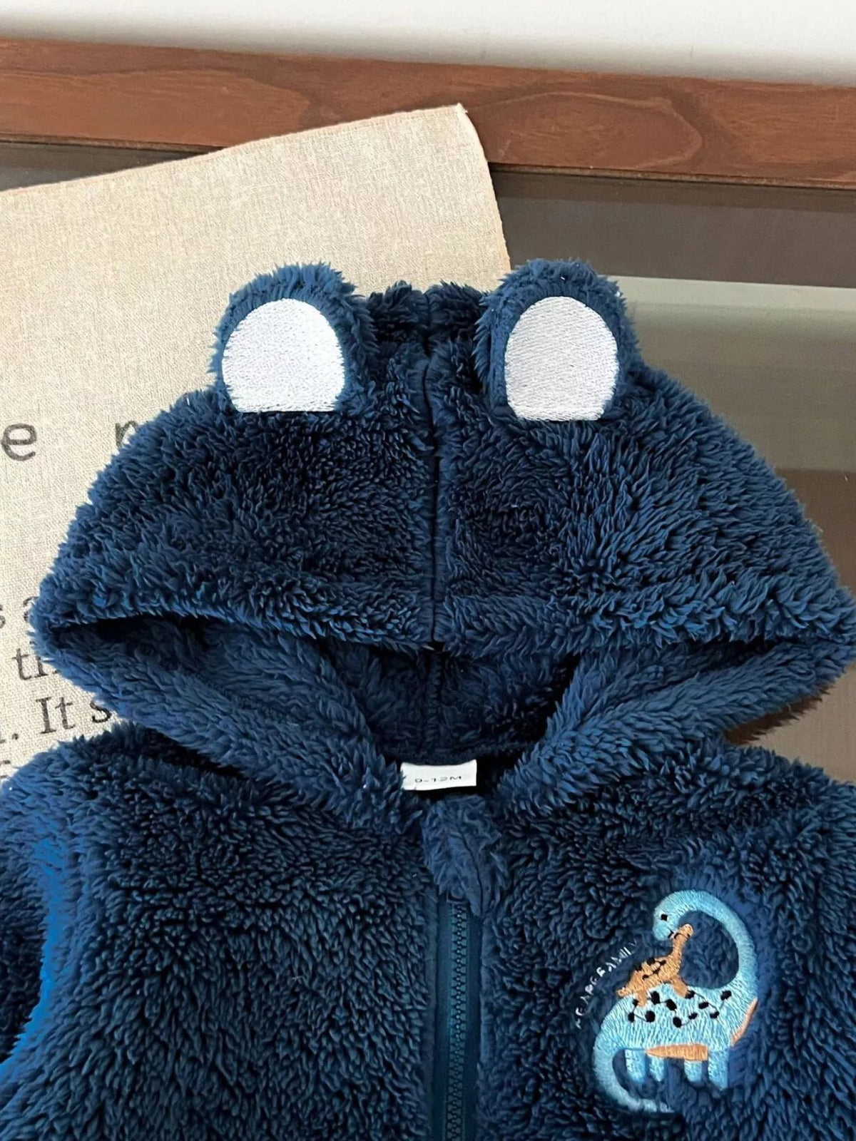 Children's Dinosaur Fleece Hoodie and Pants Set with Dinosaur Print Bodysuit in Navy Blue, view 2