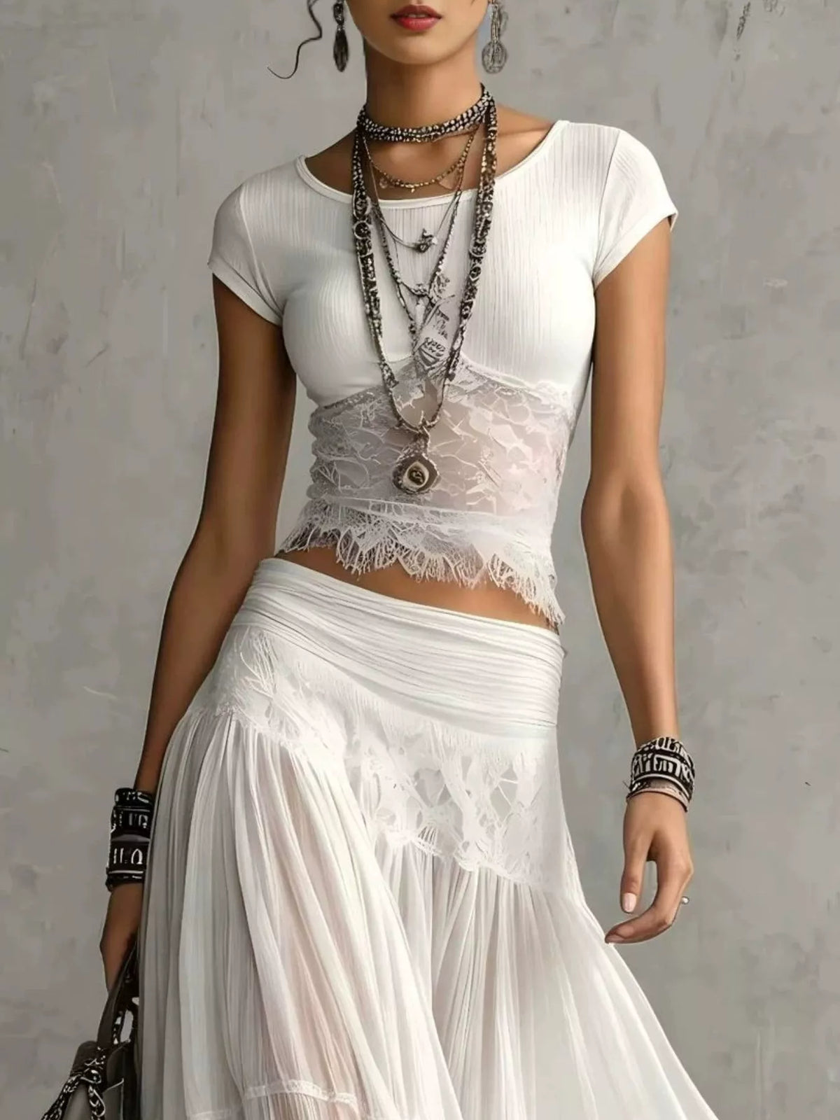 Lace Slim Fit Top and Maxi Skirt Set - Lilixa.store