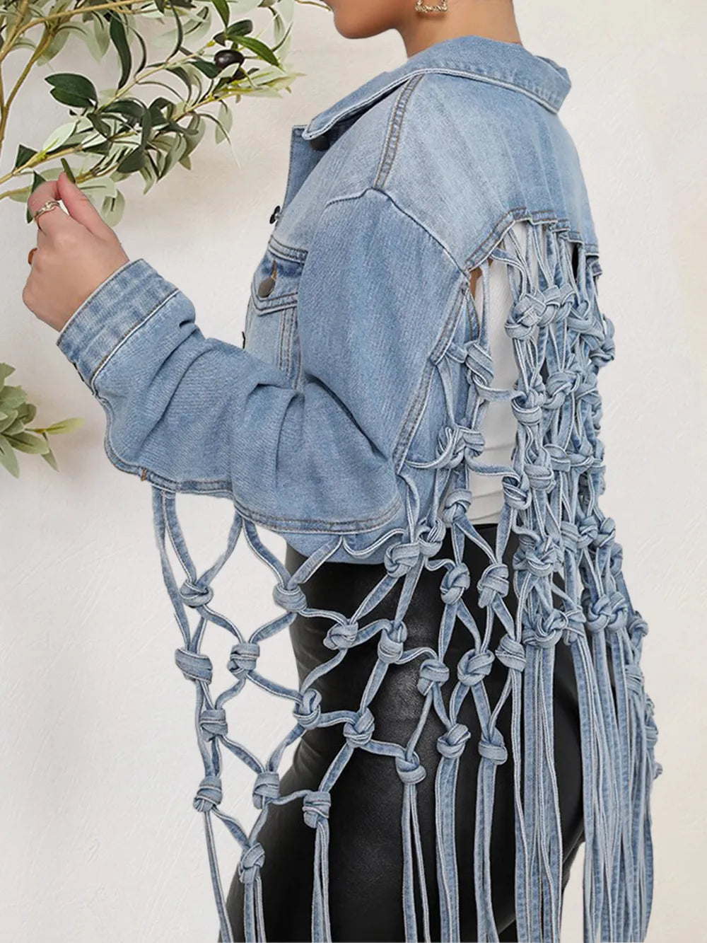 Tie Detail Button Up Denim Jacket with Pockets, view 3