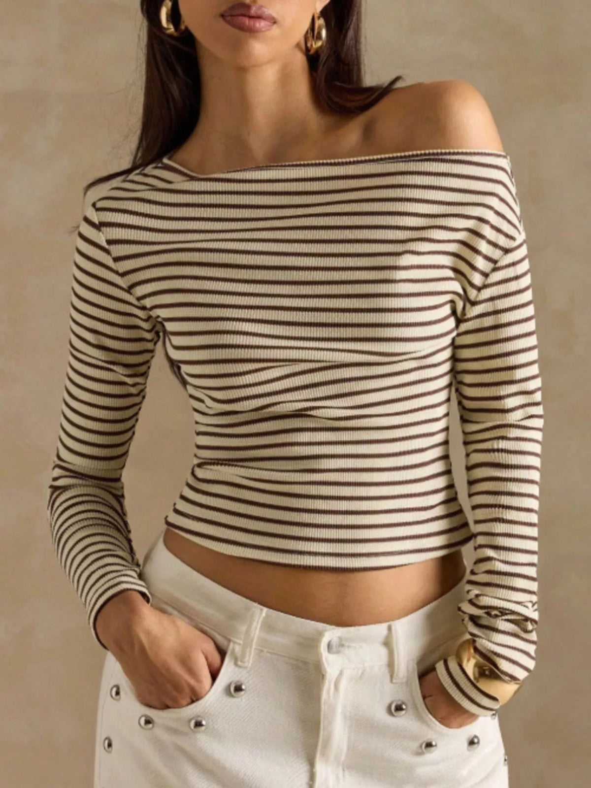 Off-Shoulder Striped Ribbed Long Sleeve T-Shirt in Khaki