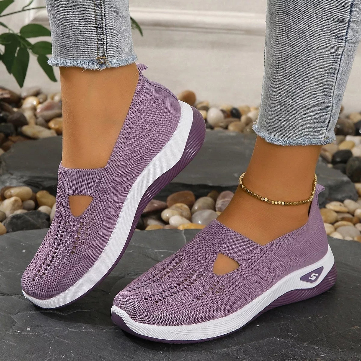 Round Toe Mesh Slip-Ons in Purple