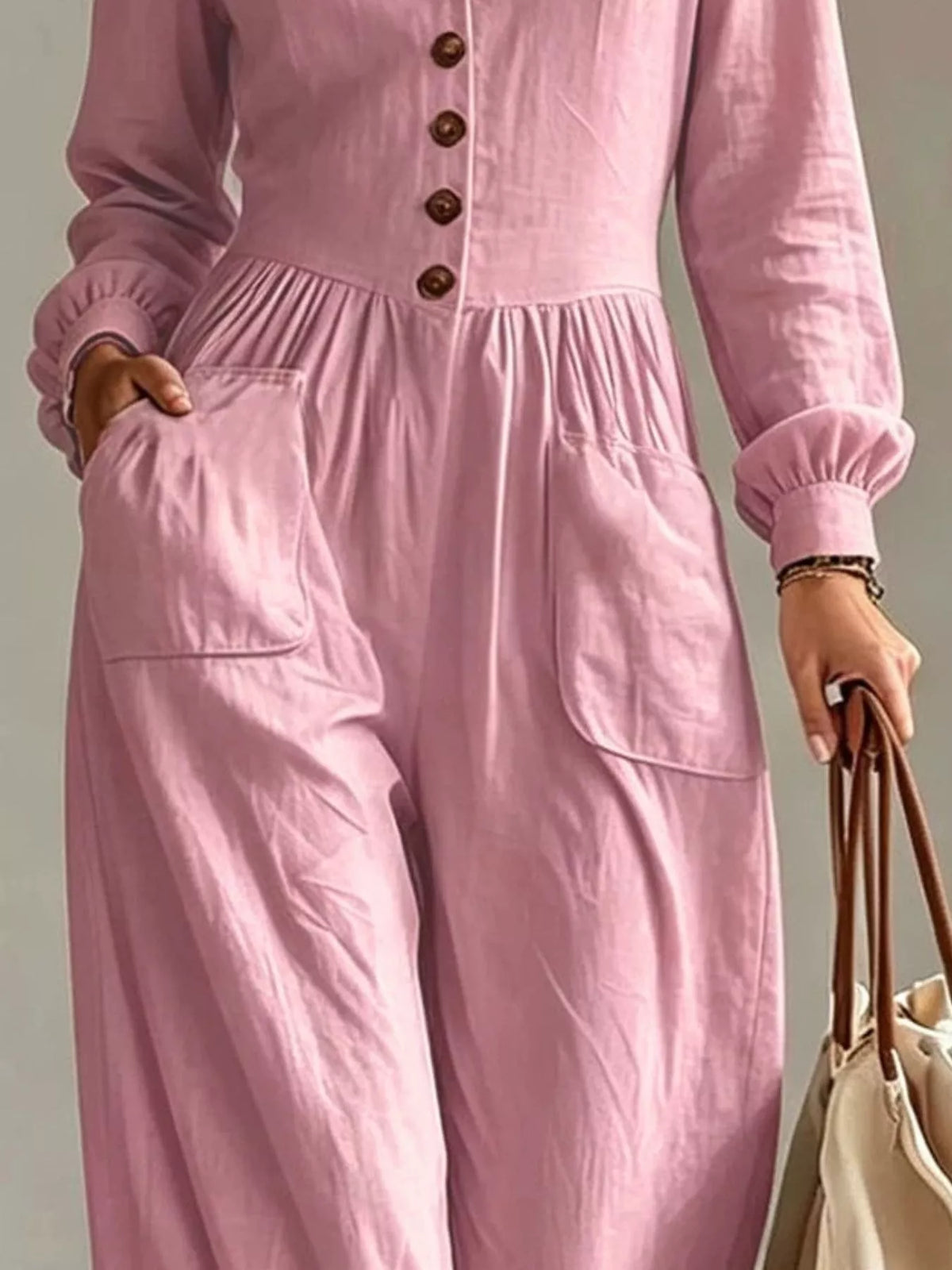 V-Neck Long Sleeve Button Front Wide-Leg Jumpsuit
