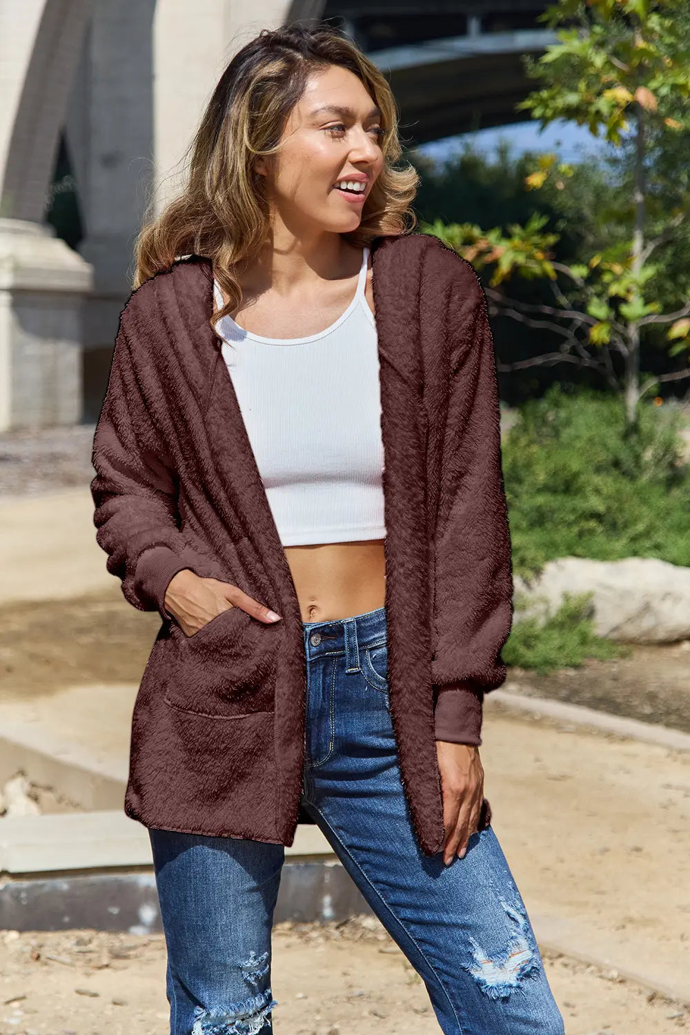 Full Size Teddy Hooded Jacket with Pockets in Brown