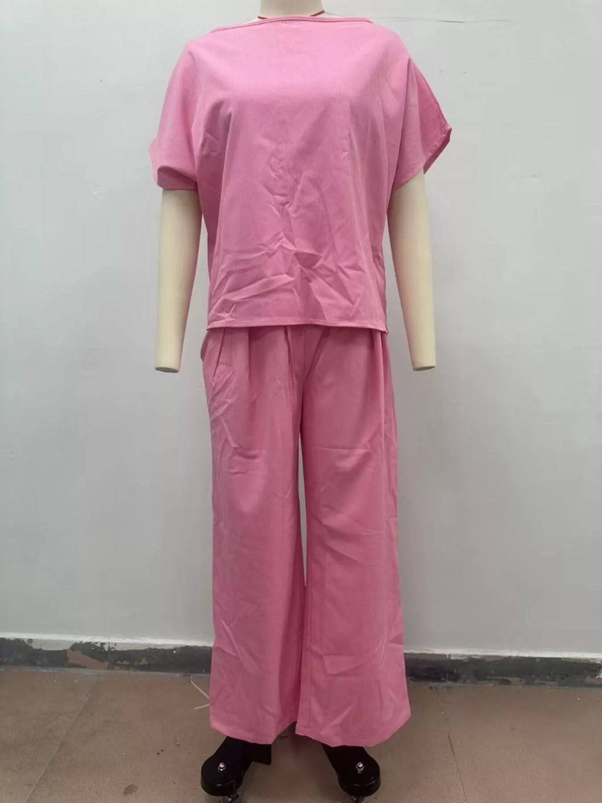 Full Size Solid Color Top and Wide-Leg Pants Set Plus Size - Lilixa.store