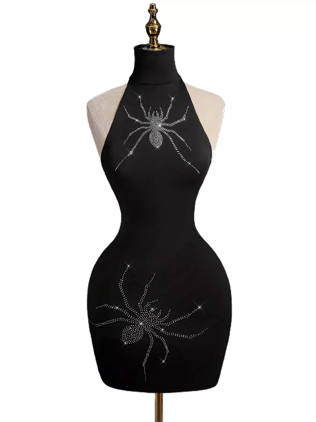 Rhinestone Spider Halter Neck Bodycon Dress - Lilixa.store