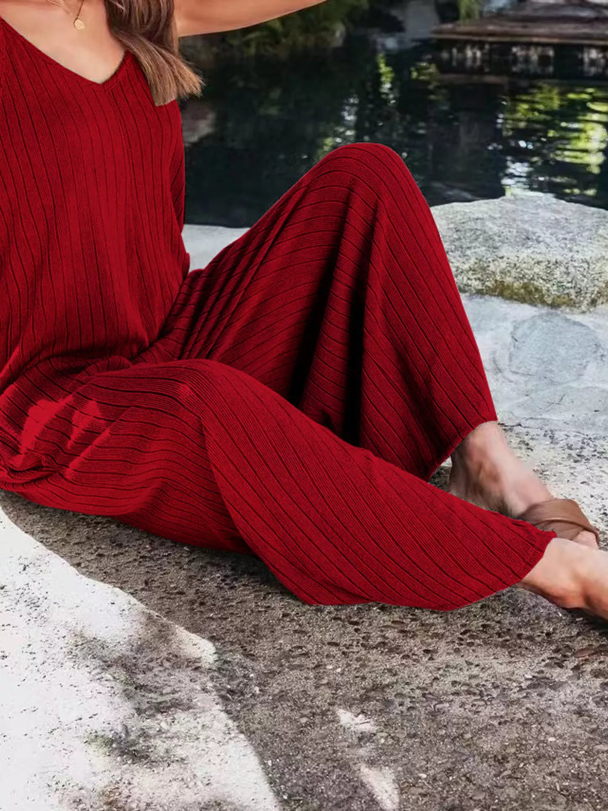 Ribbed V-Neck Wide Leg Jumpsuit - Lilixa.store
