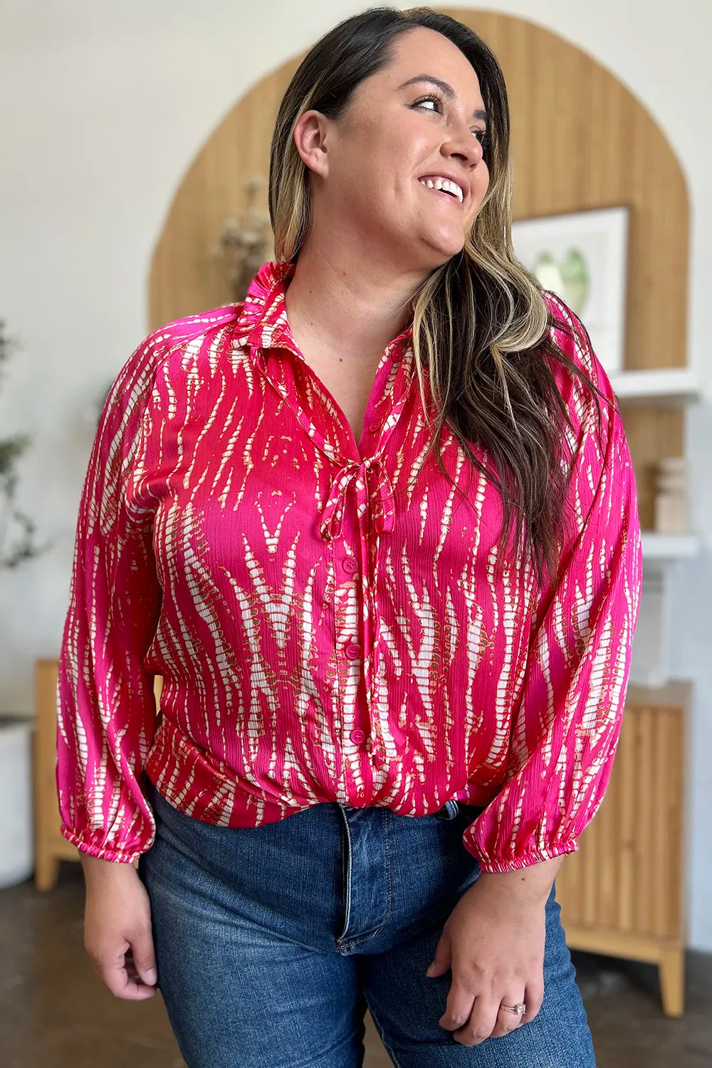 Double Take Full Size Printed Button Up Long Sleeve Shirt - Lilixa.store