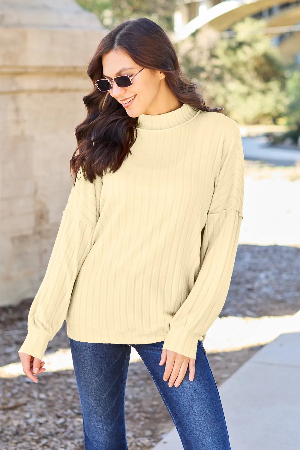 Basic Bae Full Size Ribbed Exposed Seam Mock Neck Knit Top - Lilixa.store