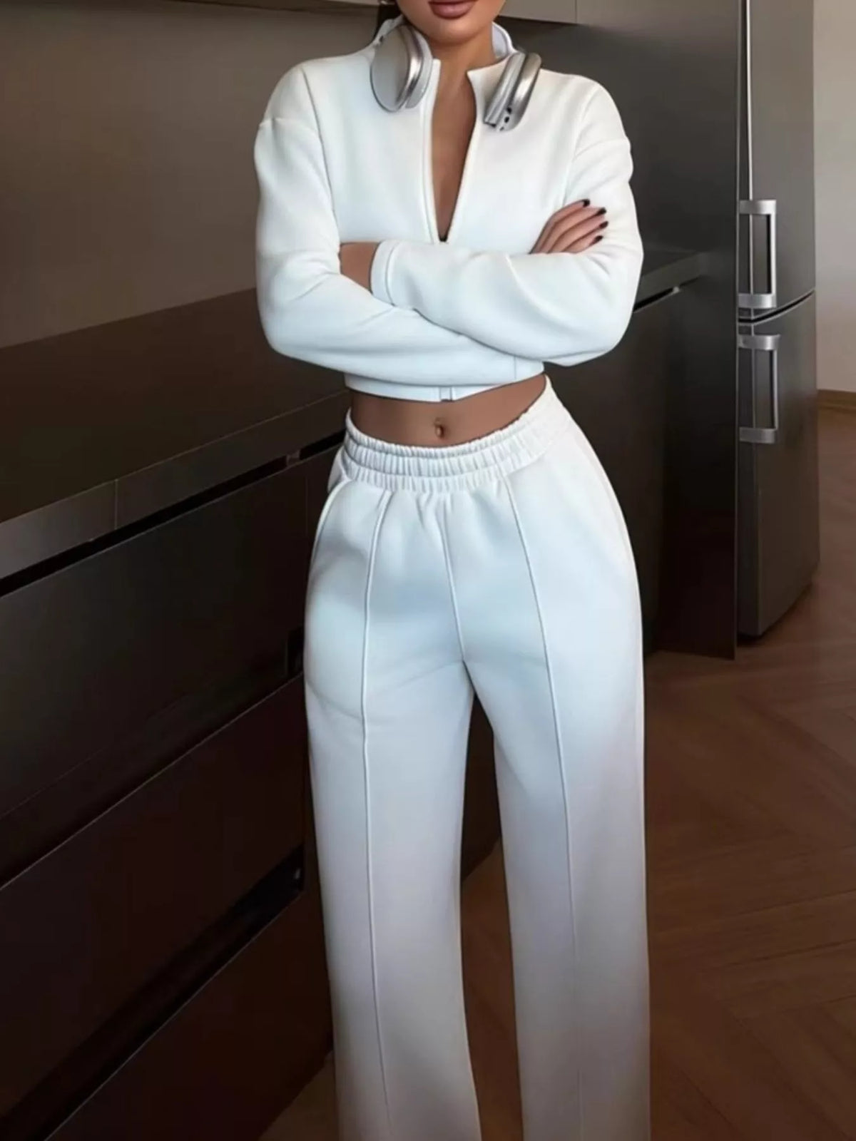 Zip-Up Crop Jacket and Wide-Leg Pants Set - Lilixa.store