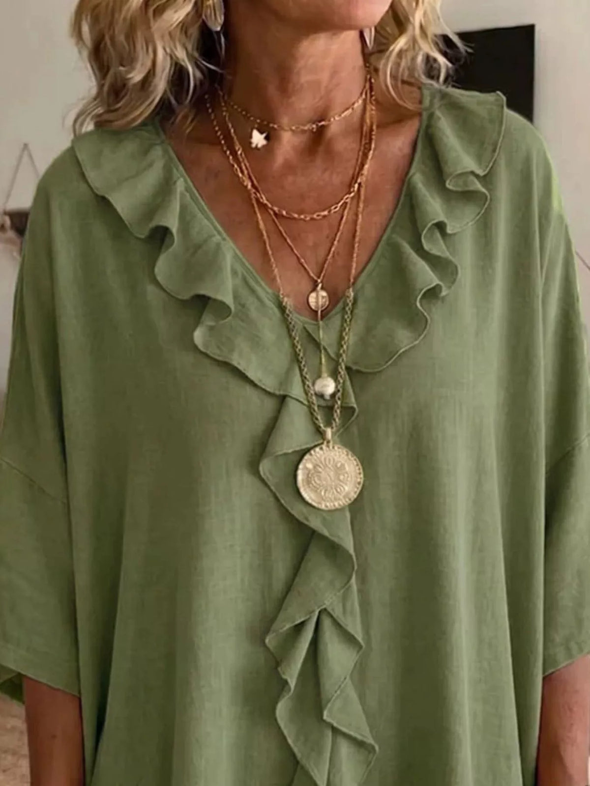 Full Size Ruffled V-Neck 3/4 Sleeve Blouse Plus Size, view 3