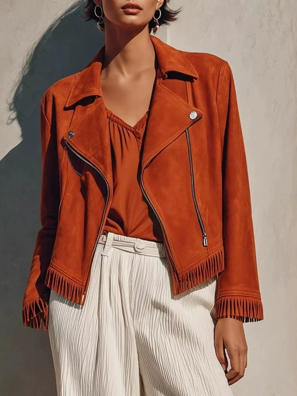 Fringe Hem Zip Up Jacket