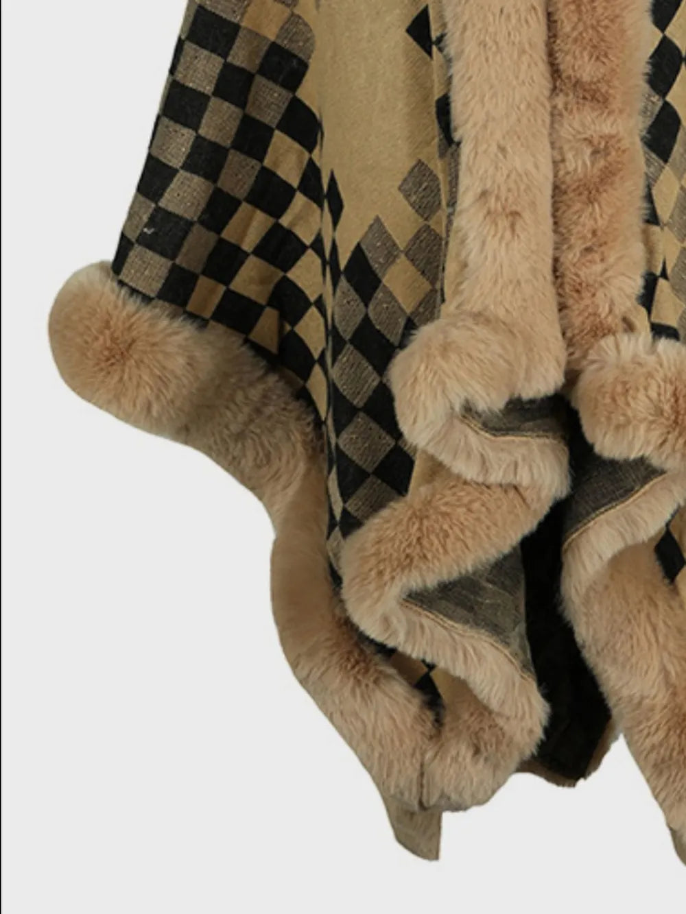Fuzzy Checkered Long Sleeve Poncho - Lilixa.store