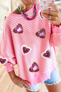 Valentine’s Day Sequin Heart Striped Round Neck Long Sleeve Sweatshirt - Lilixa.store